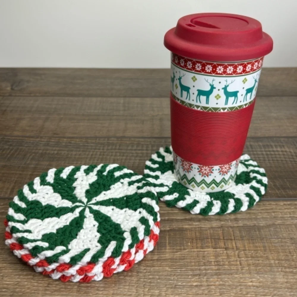 Handcrafted Crochet Peppermint Coasters Christmas‎ Holiday Set of 4 Cotton